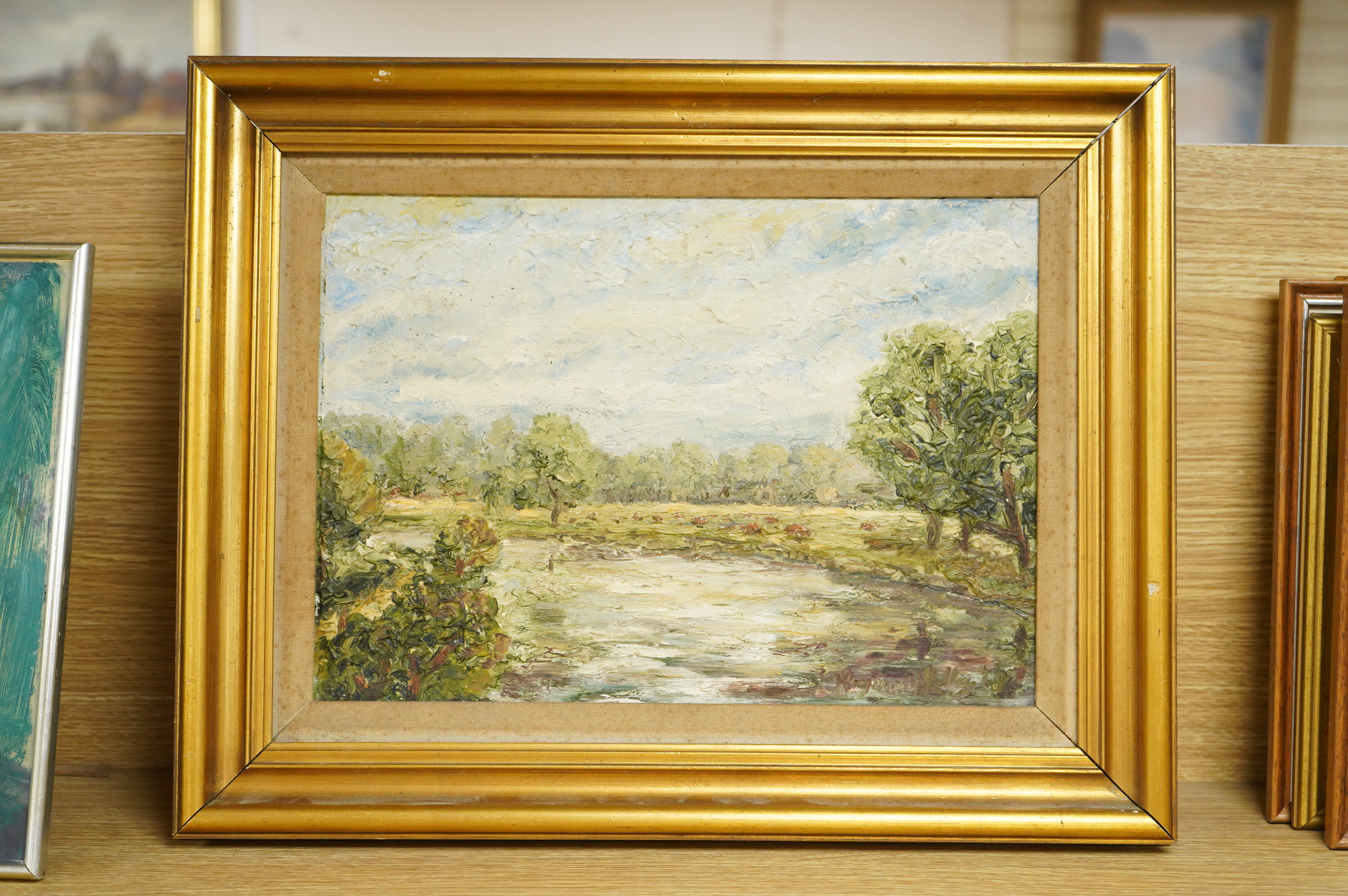 Raymond Hedley, 'Yalding', signed, impasto oil on board, 25 x 35cm, gilt framed